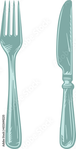 Vector illustration of old silver fork and knife.