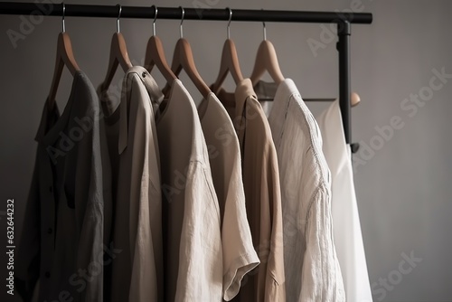wooden cloth rack of cotton beige shirts with grey wall