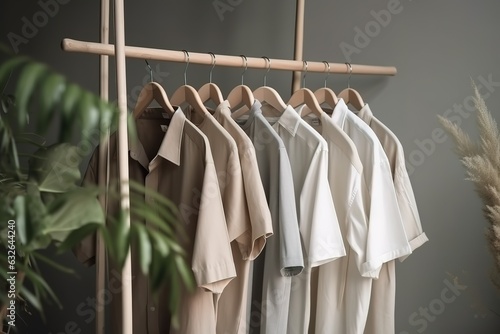 wooden cloth rack of cotton beige shirts with grey wall