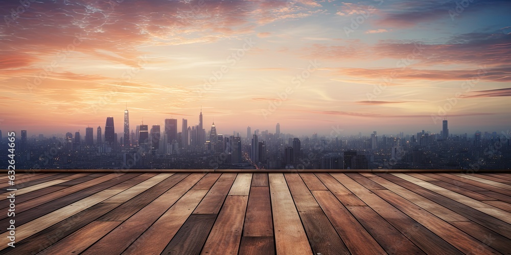 Modern architecture meets sunrise glow. Empty floor against city sunset. City view with empty wooden deck