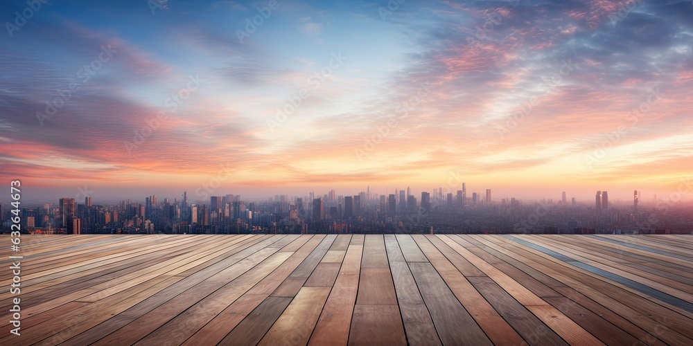 Modern architecture meets sunrise glow. Empty floor against city sunset. City view with empty wooden deck