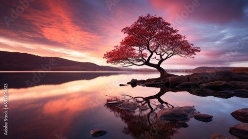 Photo of a serene reflection of a lone tree in the calm waters of a lake created with Generative AI technology
