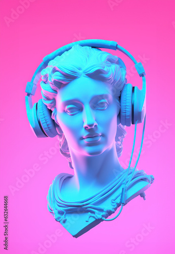 Antique head statue with headphones. Neon colors, cyan and pink. Futuristic y2k background. AI generated image