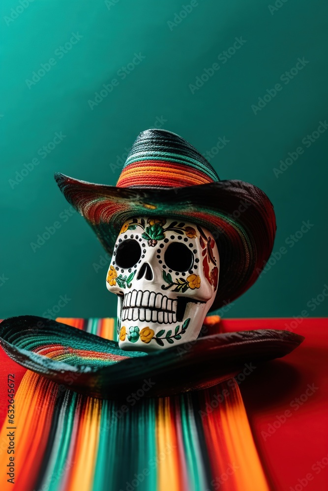 Mexican Decorated skull with hat for Day of the Dead banner. Generative ...