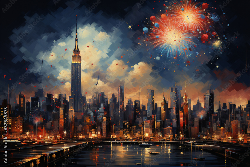 Obraz premium Cityscape with Fireworks Generative AI