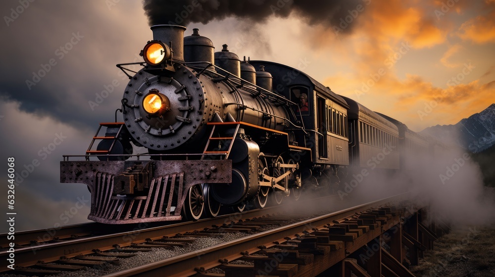 old fashioned steam locomotive generative AI - obrazy, fototapety, plakaty 