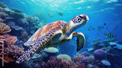 turtle swimming over vibrant reef ecosystem generative AI © Brandon