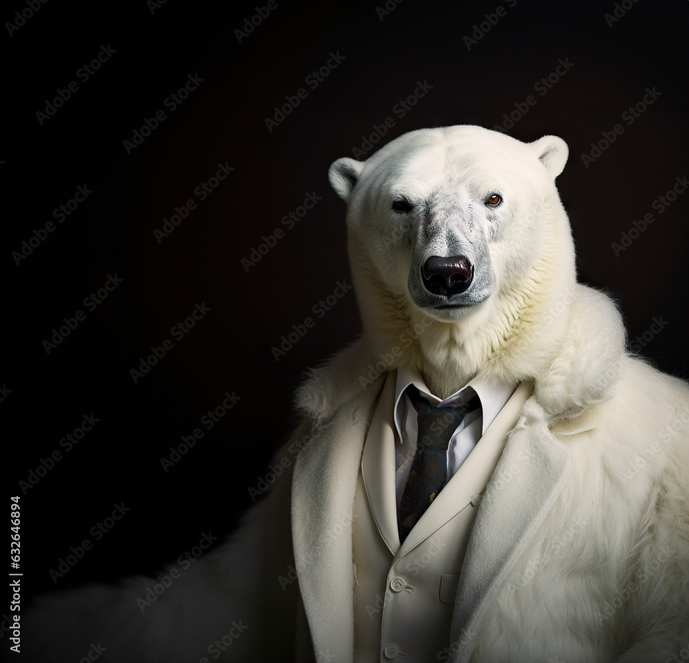 Polar bear wearing a polar bear fur coat. Irony, paradoxal endangered