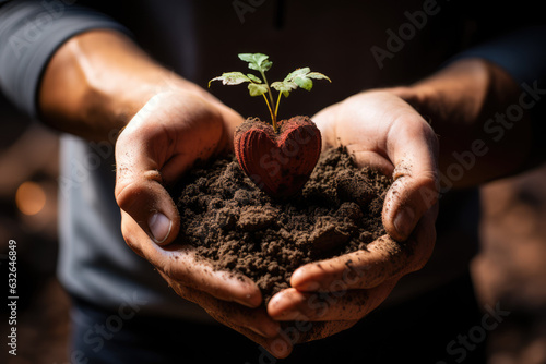 person's hands holding soil in a heart, in the style of abrasive authenticity, daguerreian, brown photo