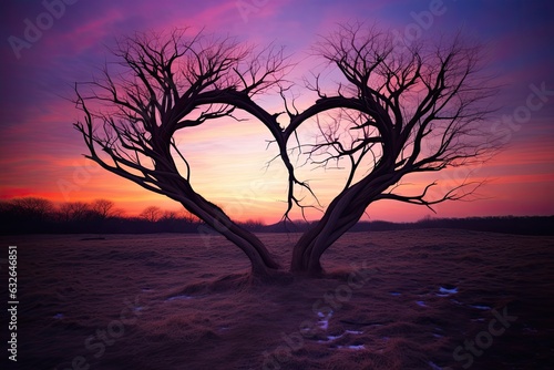 Two intertwined trees  their branches forming the shape of a heart  against a backdrop of a colorful twilight sky surrealistic scene. Generative AI