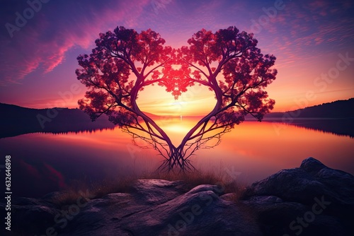 Two intertwined trees, their branches forming the shape of a heart, against a backdrop of a colorful twilight sky,surrealistic scene. Generative AI photo