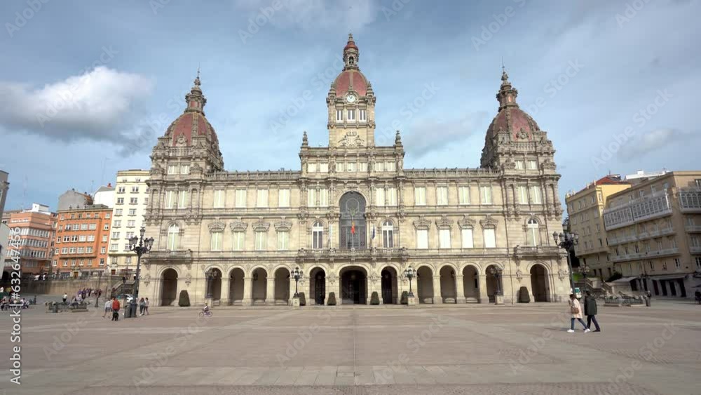 View of Town Hall building, situated in María Pita Square in the city center of A Coruna. Imposing neoclassical building built in 1917. Stabilized Static footage View of Town Hall building, situated in María Pita Square in the city center of A Coruna. Imposing neoclassical building built in 1917. Stabilized Static footage