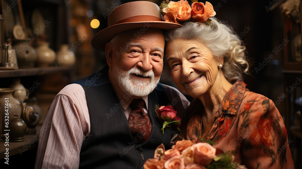 Happy old couple, in an old room with flowers 
