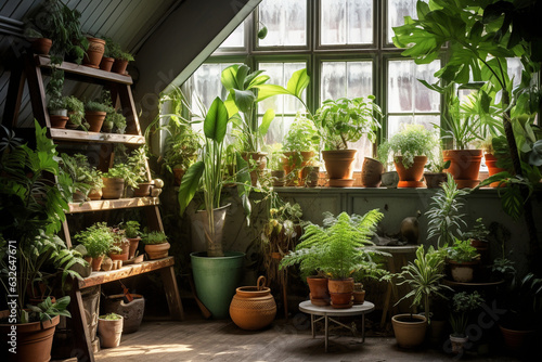 A corner of the loft dedicated to indoor gardening, with pots and planters 