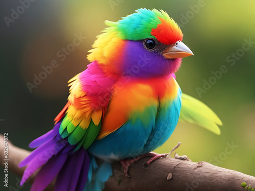 a colorful bird perched on a branch of a tree with leaves in the background behind it