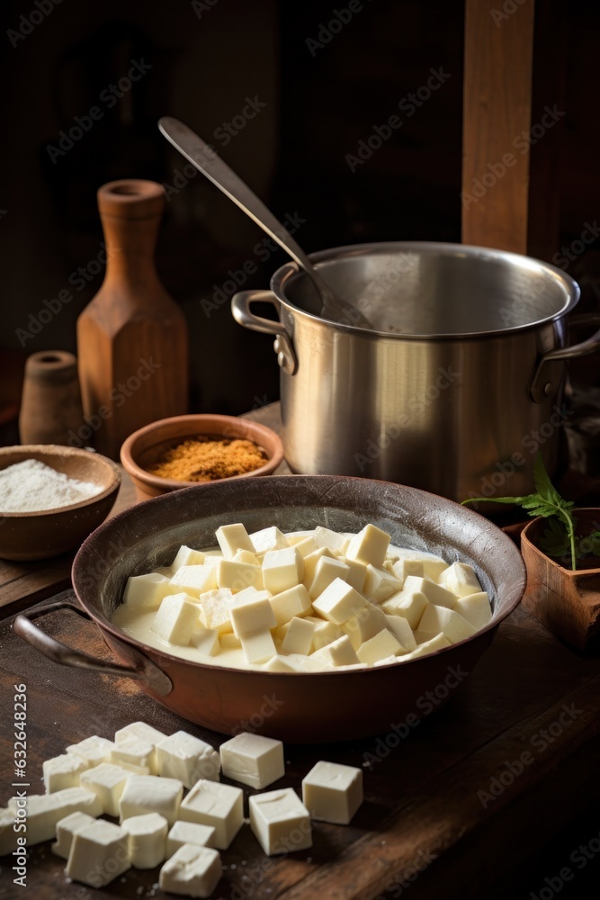 Process of crafting Indian paneer cheese with various ingredients on the table Process of crafting Indian paneer cheese with various ingredients on the table