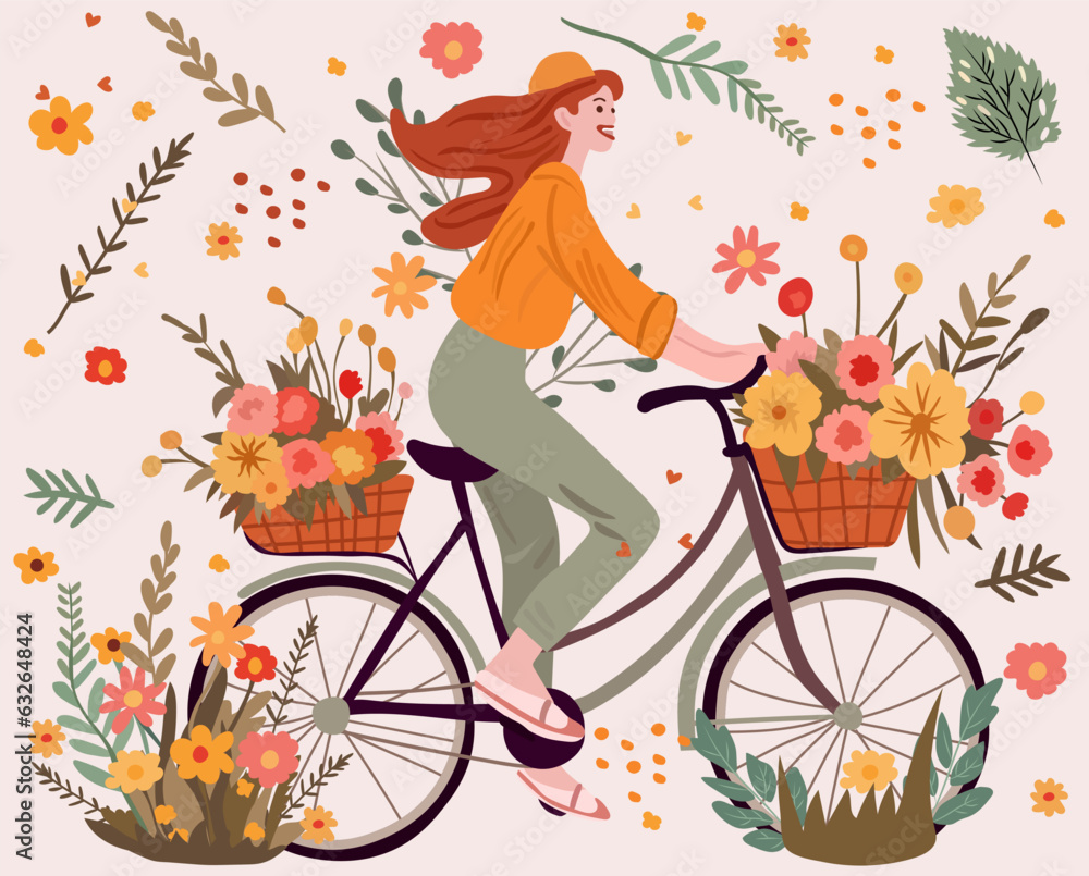 Delightful girl pedaling a bike with a basketful of blooms. Lovely woman cycling. Eco mobility concept. Perfect for web, banner, card. Vector illustration. Delightful girl pedaling a bike with a basketful of blooms. Lovely woman cycling. Eco mobility concept. Perfect for web, banner, card. Vector illustration.
