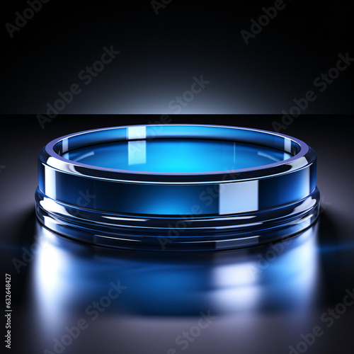 Amidst a dark room, a cobalt-blue product display stand shimmers, its blank surface awaiting your product's presence, centerpiece for product presentation in retail
