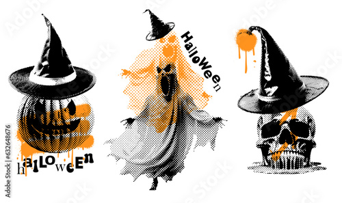 Tee prints set with Portrait of a skull in a witchee's hat, scarry ghost and melting skull in hat. Can be used for printing on T-shirts, flyers, etc. Vector dotted textured illustration