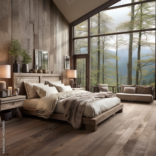 3d rendering luxury modern bedroom suite in Scandinavian style with wood floor