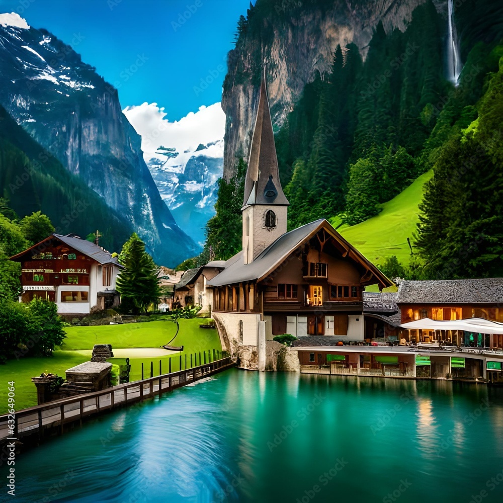 Fototapeta premium Lauterbrunnen valley and Staubbach Fall in Swiss Alps, Switzerland 
