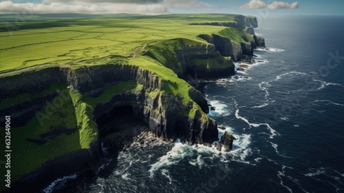 Fotografie, Tablou aerial coastal ocean cliffs covered in green irish countryside patchwork fields
