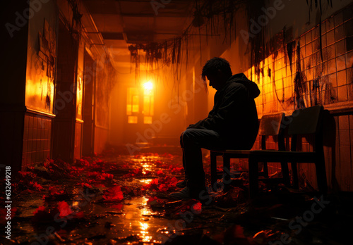Silhouette of a male sitting on the chair in a room. Lonely person in an abandoned house lit with yellow light. photo