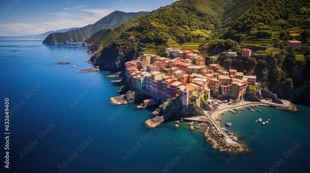 Obraz premium aerial perspective fishermans village cinque terre colorful buildings clinging steep cliffs coast italian riviera mediterranean europe generative AI