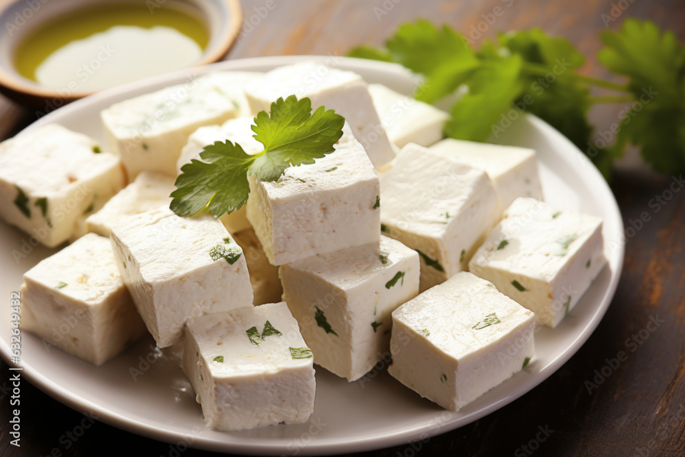 Paneer cheese cubes on a plate with green sauce and cilantro on the table