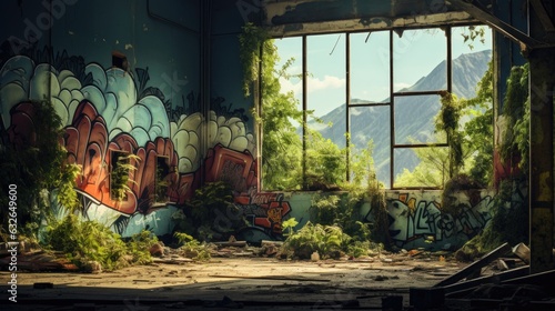a graffiti mural depicting nature reclaiming an abandoned space generative AI