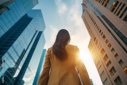Rear view of a Asian woman in business suit facing a city buildings Generative AI