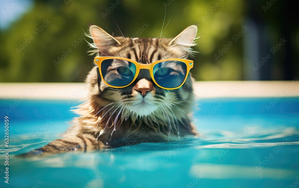 Funny fluffy cat in sunglasses is relaxing in the pool while on vacation in the tropics. Vacation and travel concept. cat in sunglasses Funny fluffy cat in sunglasses is relaxing in the pool while on vacation in the tropics. Vacation and travel concept. cat in sunglasses