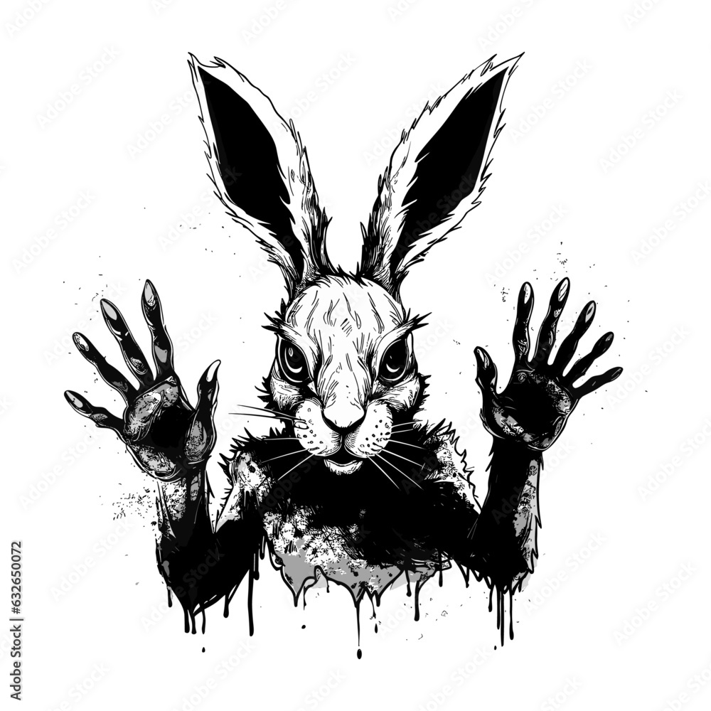 Zombie Mutaded Rabbit Coloring Page Adventure: Black and White Hand-Drawn Illustration of ...