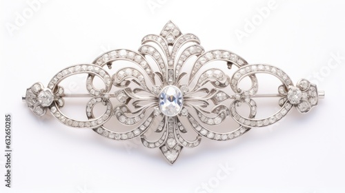 antique art deco platinum brooch with diamond accents isolated on a white background generative AI