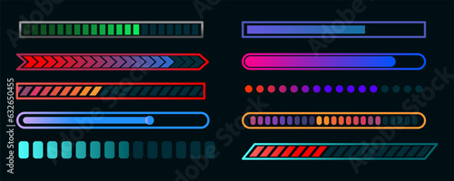 Loading progress or status bar vector icons. Futuristic digital interface of head up display with circular bars of download process, data upload, loader percentage diagram, vector