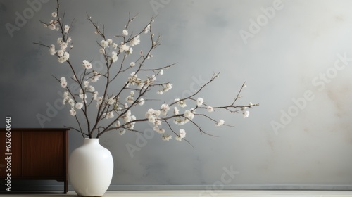 A white vase filled with white flowers on top of a table. AI.