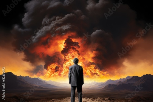 A man standing in front of a huge explosion. AI.