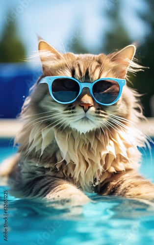 Funny fluffy cat in sunglasses is relaxing in the pool while on vacation in the tropics. Vacation and travel concept. cat in sunglasses
