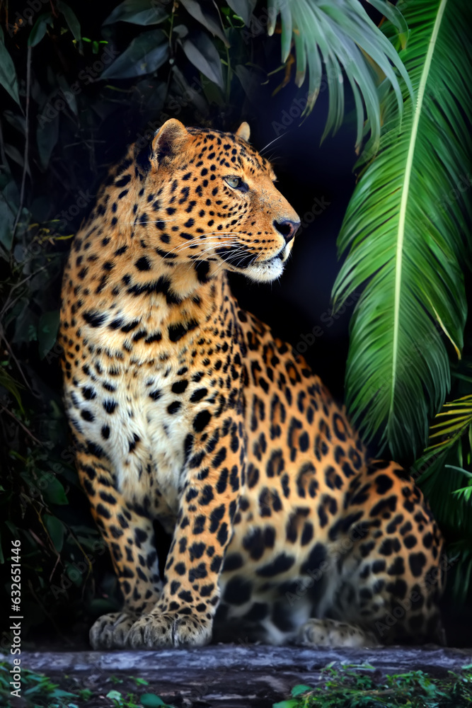 Fototapeta premium Close young leopard portrait in jungle