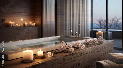 lindo ambiente de tratamento de spa na mesa de madeira e banheiro turva