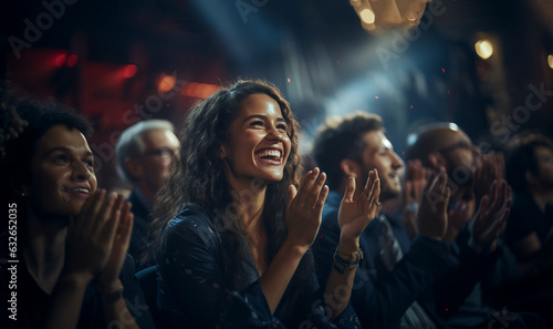 Happy audience applauding at a show or business seminar,theater performance listening and clapping at conference and presentation.Group of supporters,fans cheering excited applauding photo