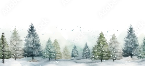 Watercolor Christmas trees in snow forest. Winter landscape art. Concept of magical holiday scenery.