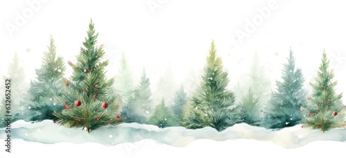 Watercolor illustration of snowy forest with Christmas trees. Winter holiday backdrop.