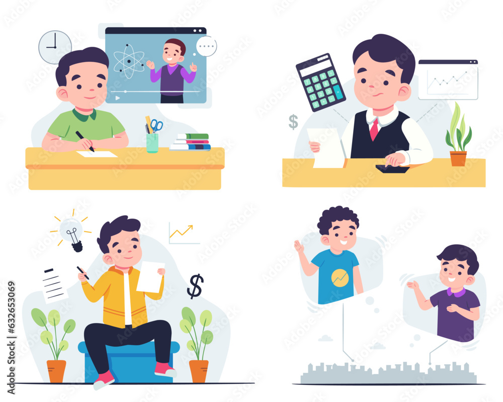 Set of young man with various activity cartoon character Set of young man with various activity cartoon character