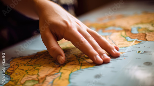 A person's hand chooses a place on the map to travel. Created with Generative AI technology.
