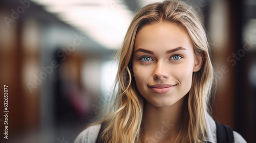 Young female student stands in the background of a campus hallway. Created with Generative AI technology.