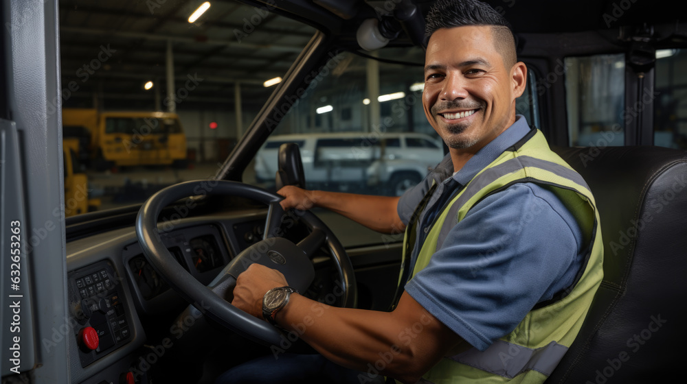 Happy smiling truck driver. Created with Generative AI technology. Happy smiling truck driver. Created with Generative AI technology.