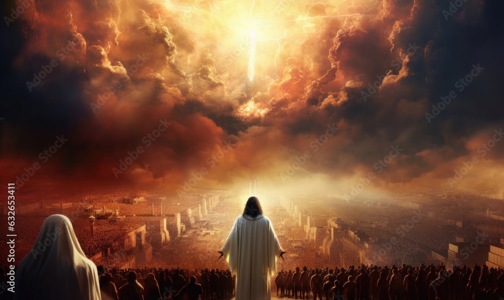 Revelation of Jesus Christ, new testament, religion of christianity, heaven and hell over the crowd of people, Jerusalem of the bible, Generative AI - obrazy, fototapety, plakaty 