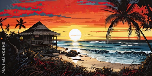 AI Generated. AI Generative. Tropical exotic paradise coast beach island sea ocean vacation with old wood house. Graphic Art