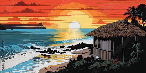 AI Generated. AI Generative. Tropical exotic paradise coast beach island sea ocean vacation with old wood house. Graphic Art